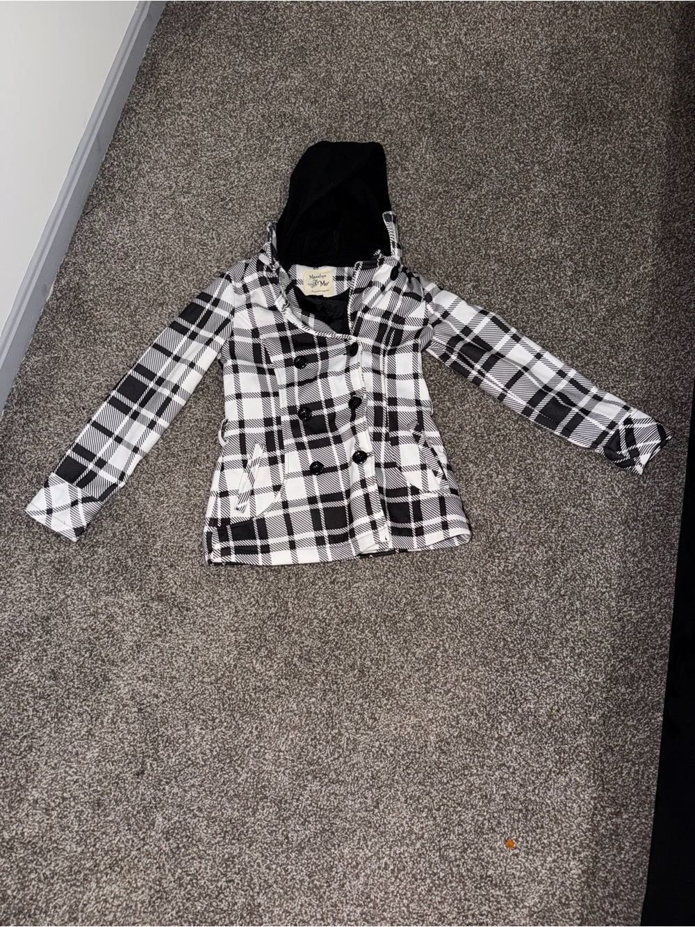 Maralyn &Me Black & White Plaid Hooded Peacoat
